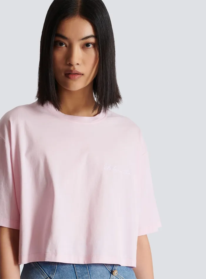 Balmain Tshirt With Signature Embroidery Pink Women TShirts