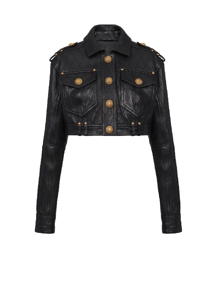 Balmain Topstitched Cropped Leather Jacket Black Women Outerwear