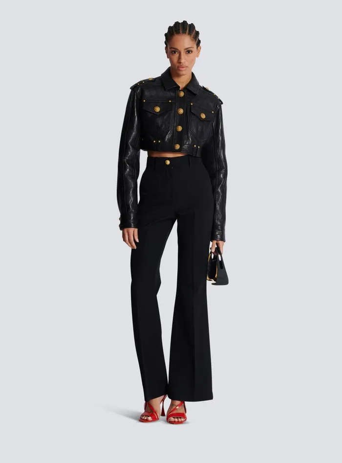 Balmain Topstitched Cropped Leather Jacket Black Women Outerwear