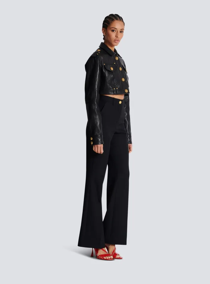 Balmain Topstitched Cropped Leather Jacket Black Women Outerwear