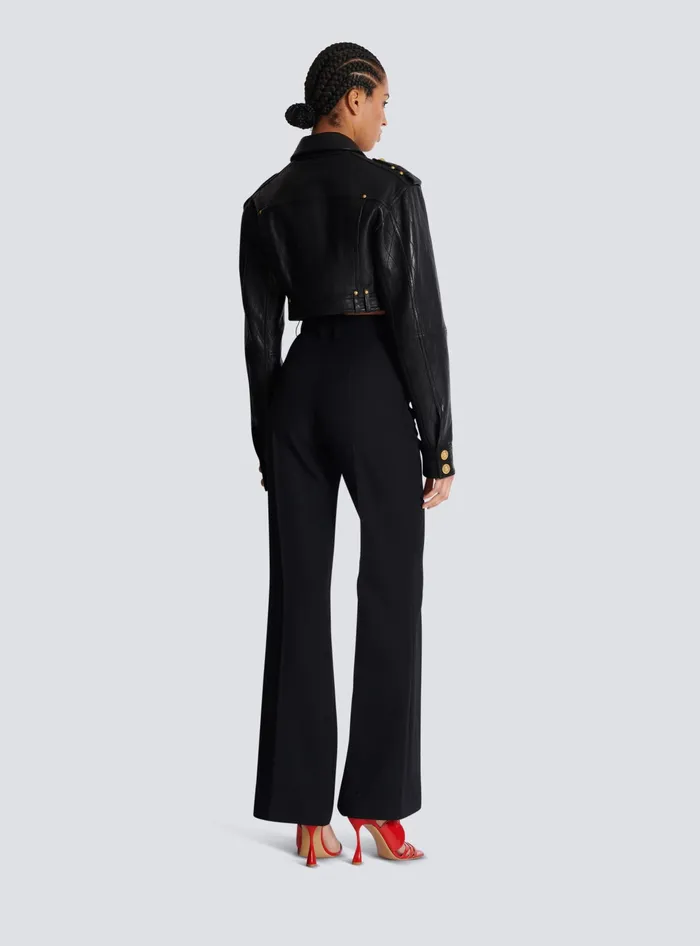 Balmain Topstitched Cropped Leather Jacket Black Women Outerwear