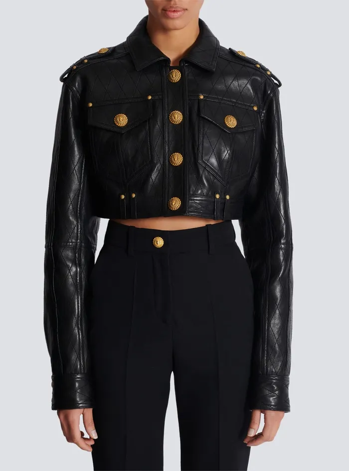 Balmain Topstitched Cropped Leather Jacket Black Women Outerwear