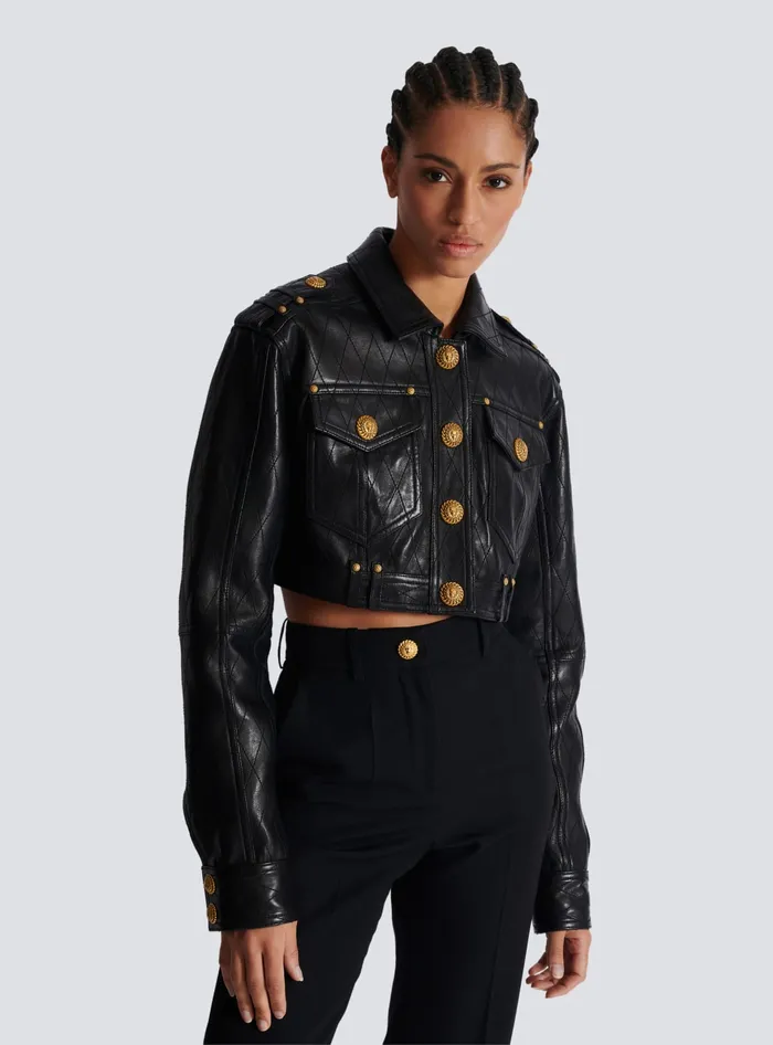 Balmain Topstitched Cropped Leather Jacket Black Women Outerwear