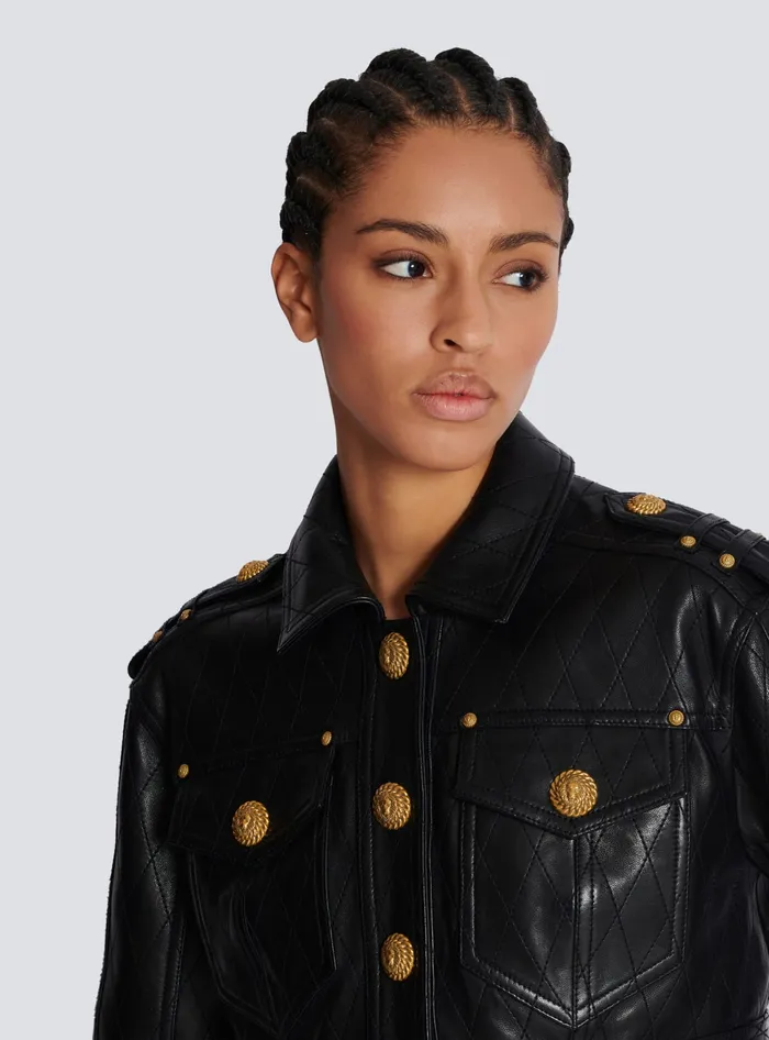 Balmain Topstitched Cropped Leather Jacket Black Women Outerwear