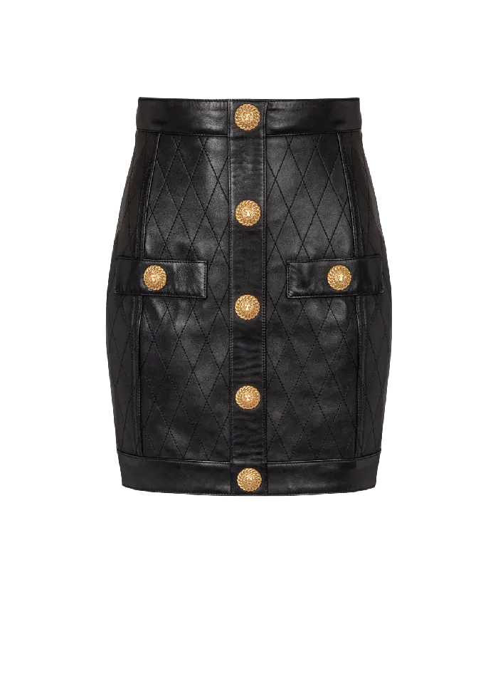 Balmain Topstitched Leather Skirt With Buttons Black Women Skirts