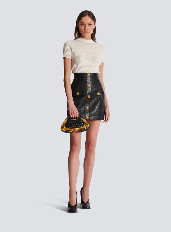 Balmain Topstitched Leather Skirt With Buttons Black Women Skirts