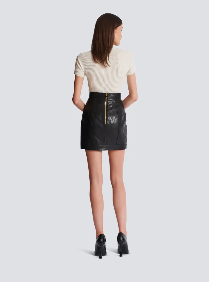 Balmain Topstitched Leather Skirt With Buttons Black Women Skirts