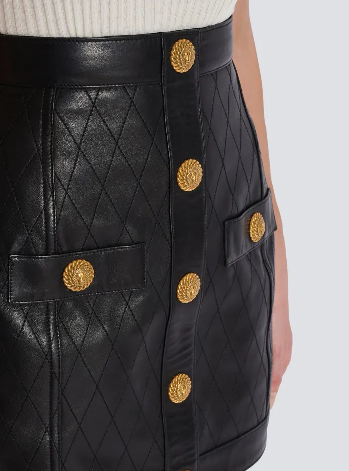 Balmain Topstitched Leather Skirt With Buttons Black Women Skirts