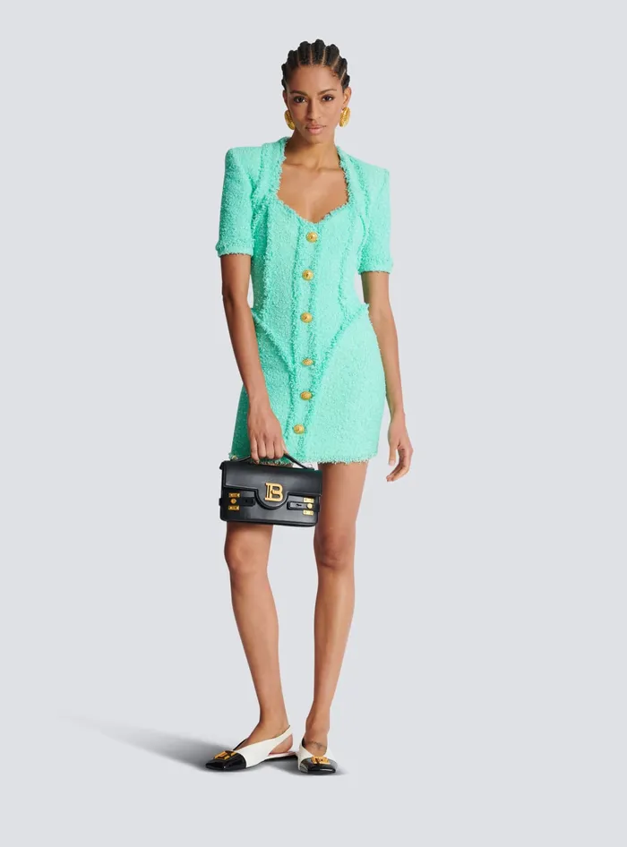Balmain Tweed Dress With Buttons Blue Women Dresses