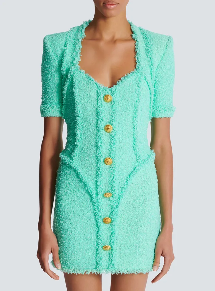 Balmain Tweed Dress With Buttons Blue Women Dresses