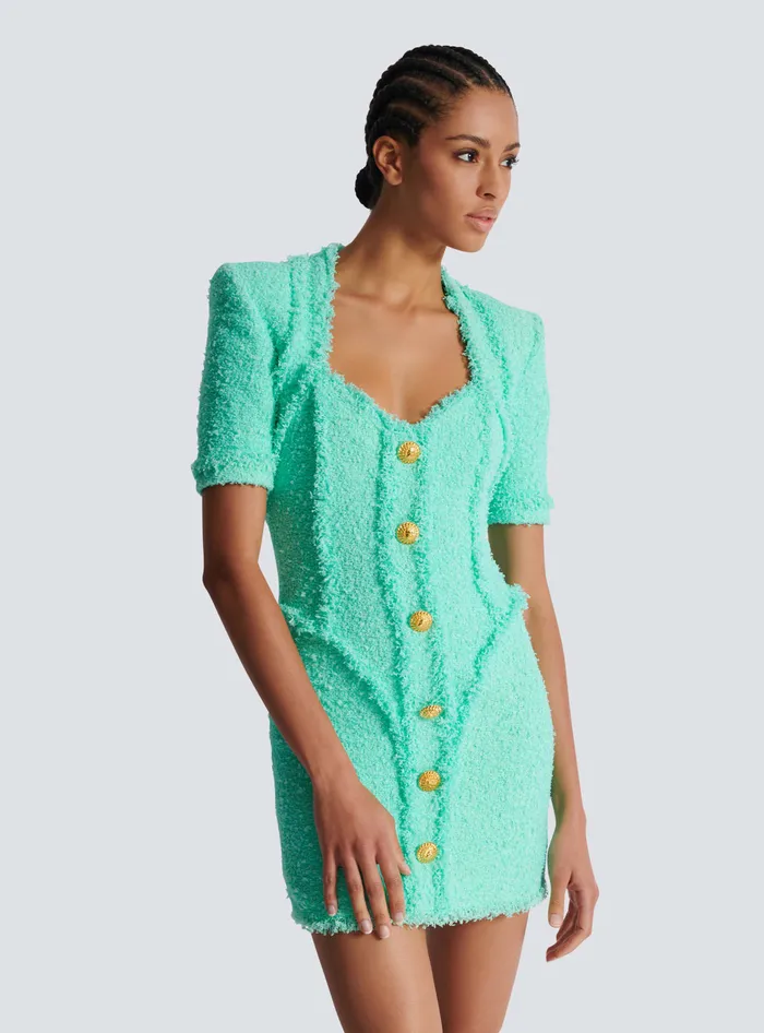 Balmain Tweed Dress With Buttons Blue Women Dresses