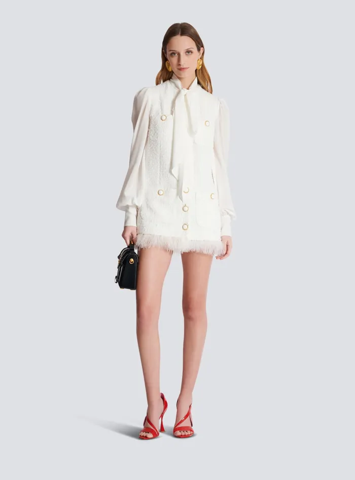 Balmain Tweed Dress With Pussybow Collar White Women Dresses