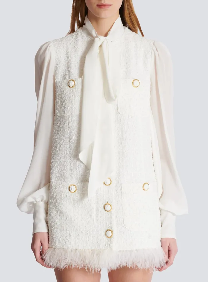 Balmain Tweed Dress With Pussybow Collar White Women Dresses
