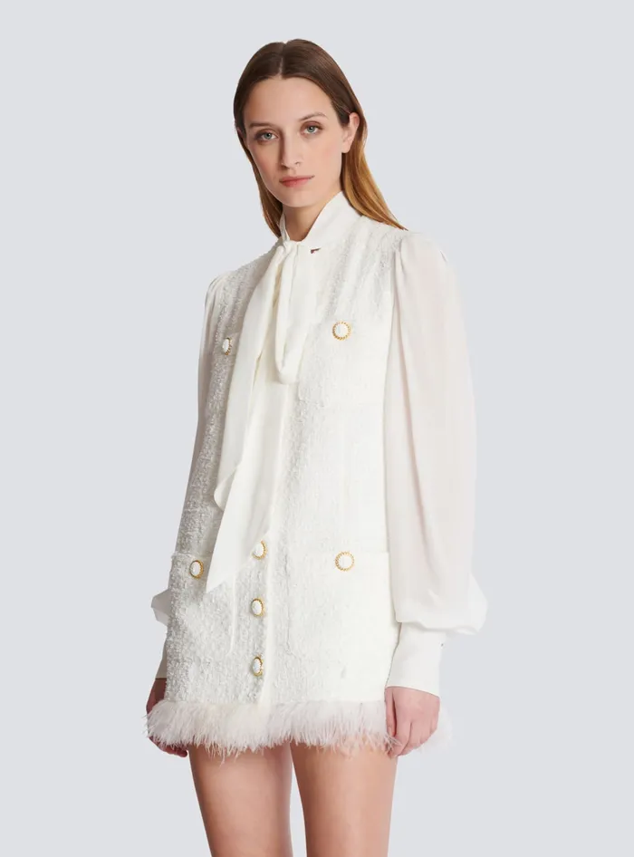Balmain Tweed Dress With Pussybow Collar White Women Dresses