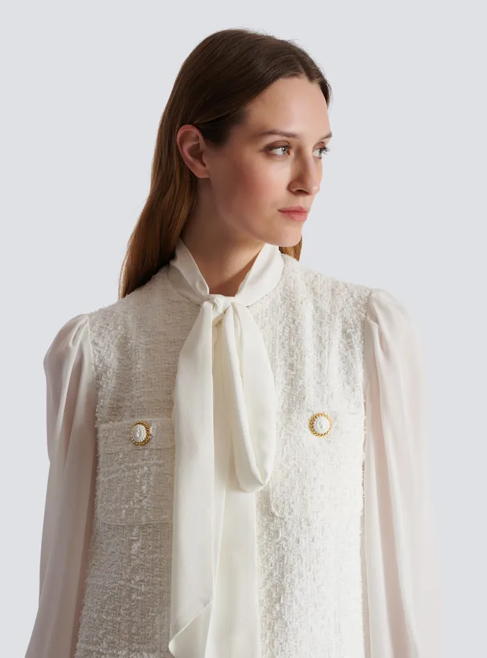 Balmain Tweed Dress With Pussybow Collar White Women Dresses