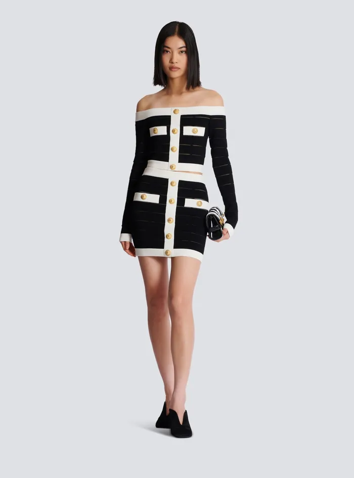 Balmain Twotone Buttoned Knit Skirt Black Women Skirts