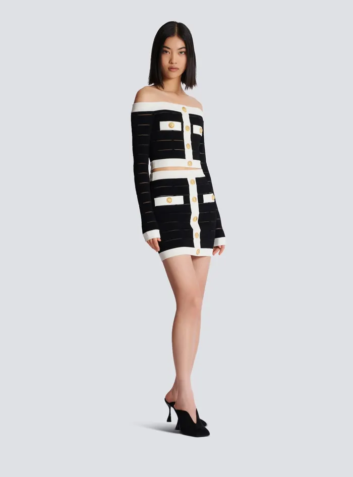 Balmain Twotone Buttoned Knit Skirt Black Women Skirts