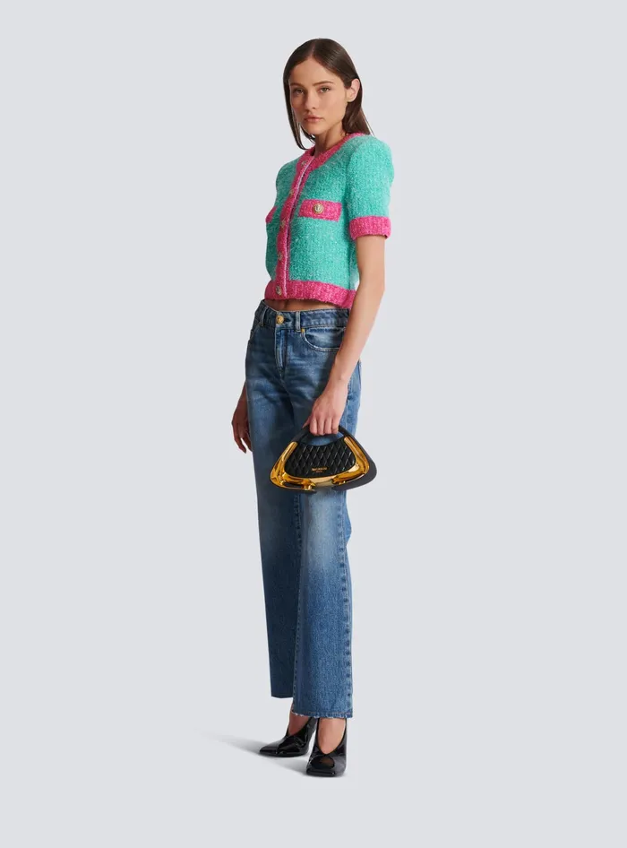 Balmain Twotone Cropped Knit Cardigan Multicolor Women Knitwear
