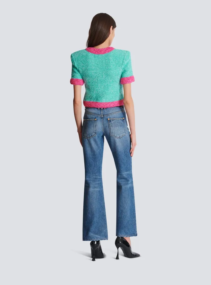 Balmain Twotone Cropped Knit Cardigan Multicolor Women Knitwear