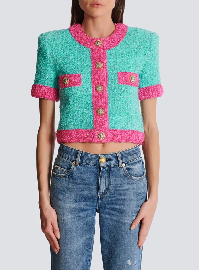 Balmain Twotone Cropped Knit Cardigan Multicolor Women Knitwear