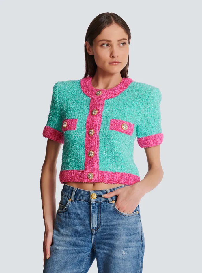 Balmain Twotone Cropped Knit Cardigan Multicolor Women Knitwear