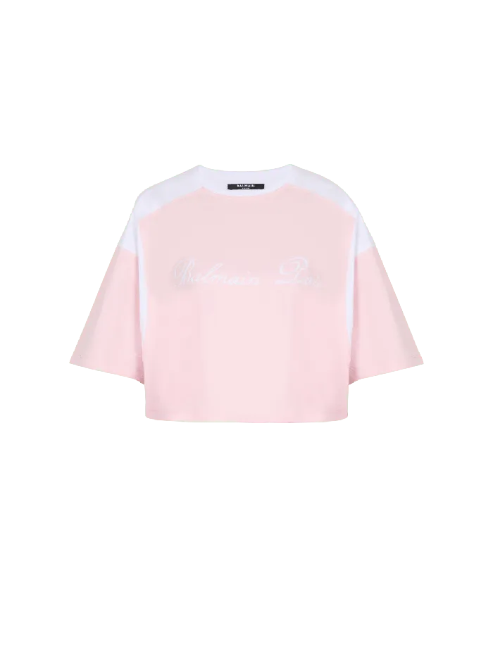 Balmain Twotone Tshirt With Signature Embroidery Pink Women TShirts