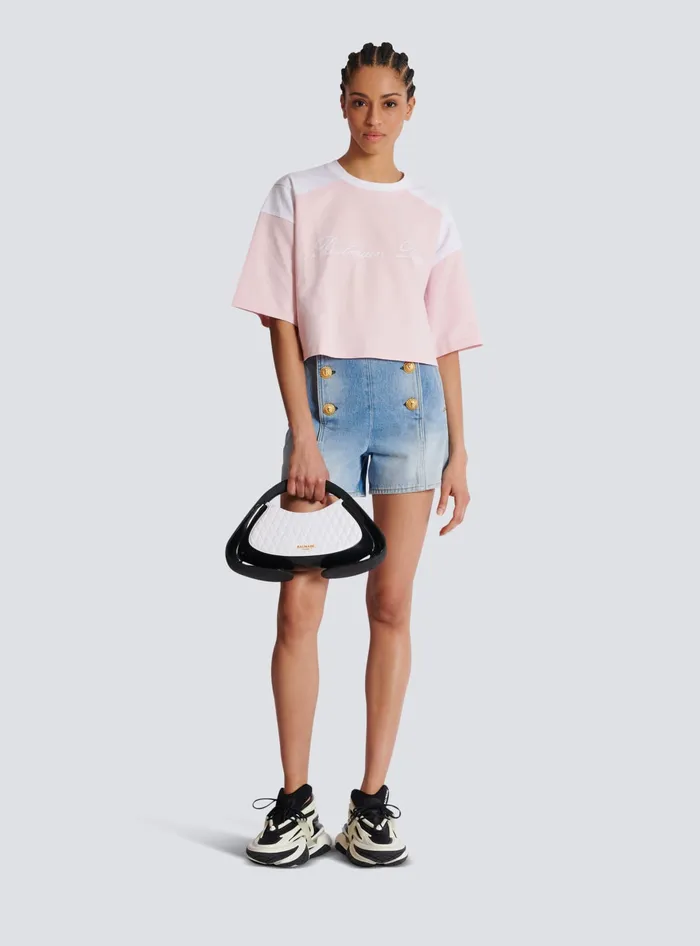 Balmain Twotone Tshirt With Signature Embroidery Pink Women TShirts