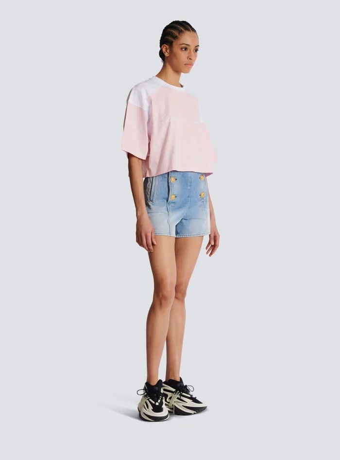 Balmain Twotone Tshirt With Signature Embroidery Pink Women TShirts