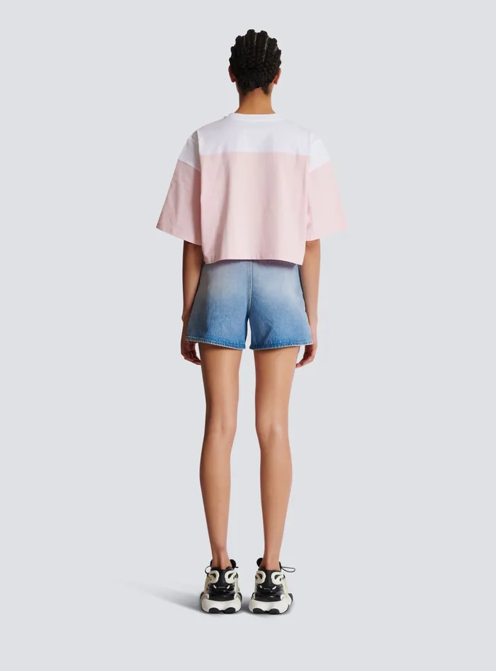 Balmain Twotone Tshirt With Signature Embroidery Pink Women TShirts