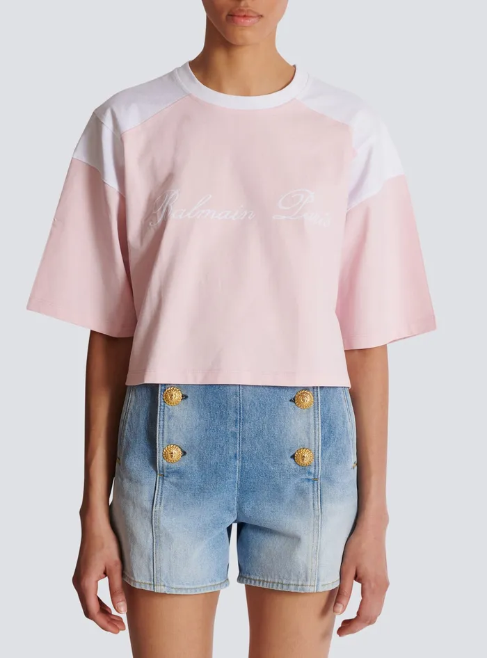 Balmain Twotone Tshirt With Signature Embroidery Pink Women TShirts