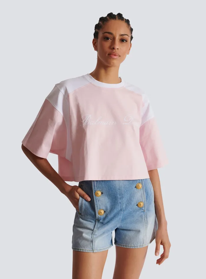 Balmain Twotone Tshirt With Signature Embroidery Pink Women TShirts