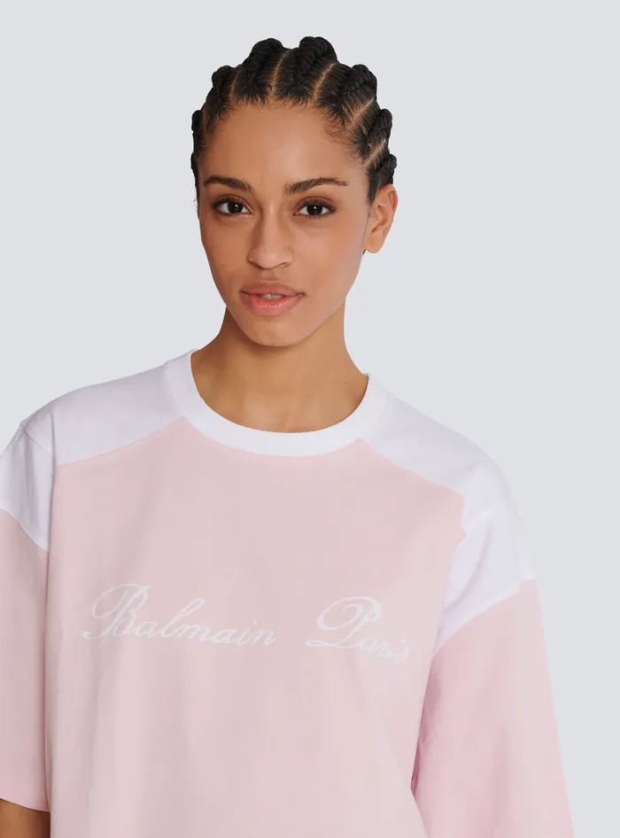 Balmain Twotone Tshirt With Signature Embroidery Pink Women TShirts