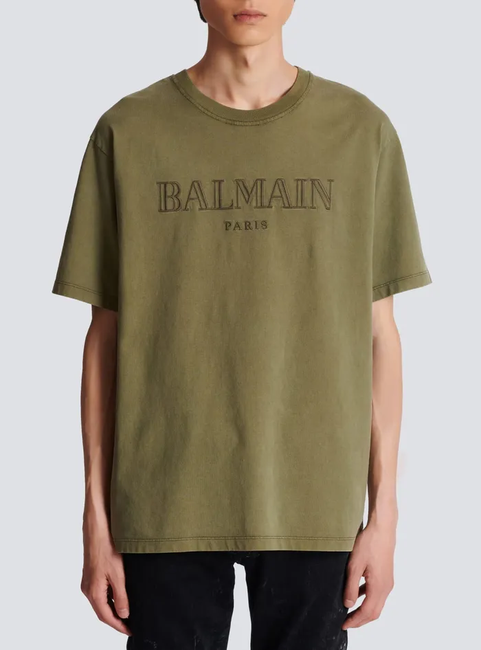 Balmain Vintage Embroidered Tshirt Khaki Men TShirts
