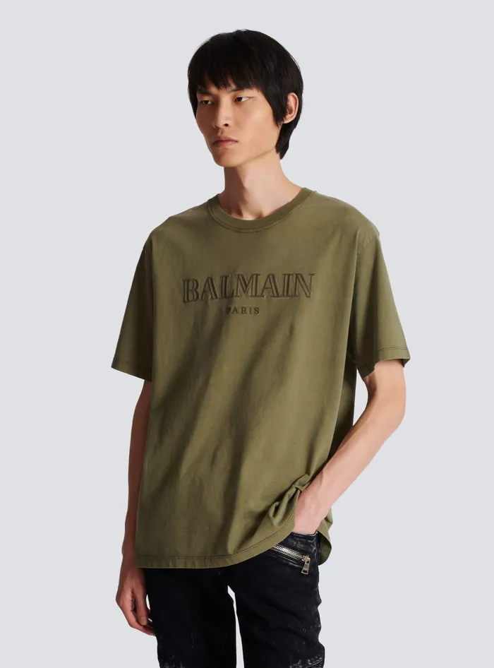 Balmain Vintage Embroidered Tshirt Khaki Men TShirts