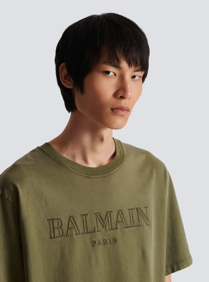 Balmain Vintage Embroidered Tshirt Khaki Men TShirts