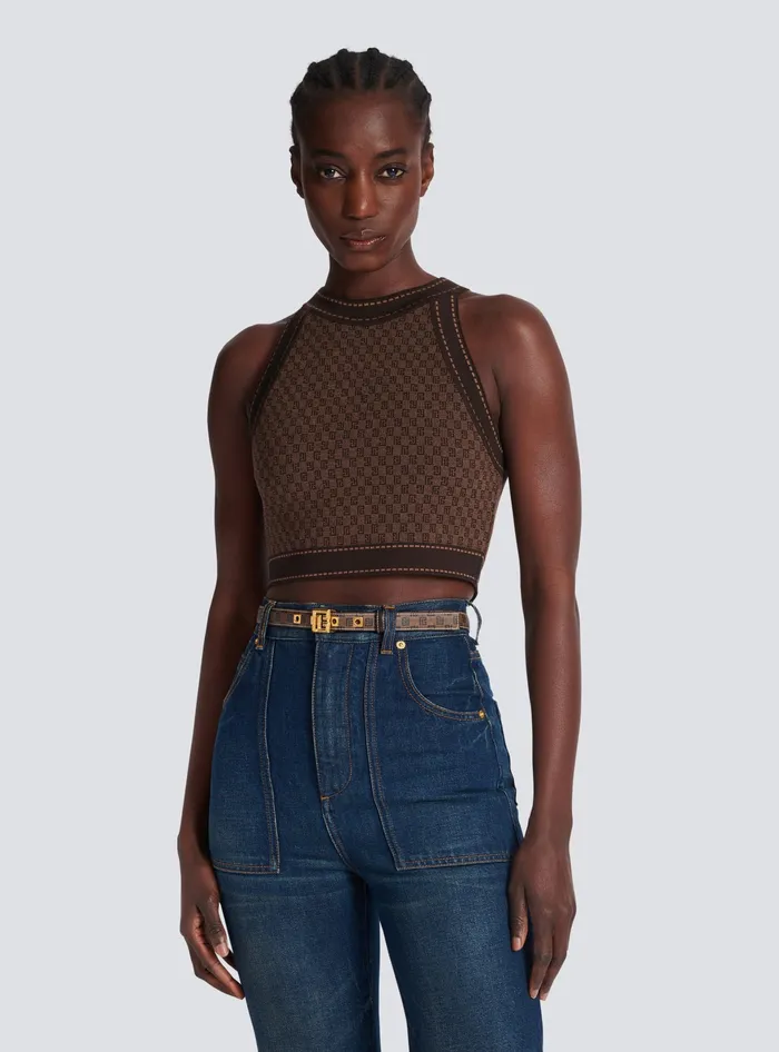 Balmain Waxed Monogram Canvas PBelt Brown Women Belts