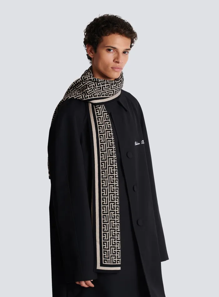 Balmain Wool Scarf With Monogram Black Men Scarves
