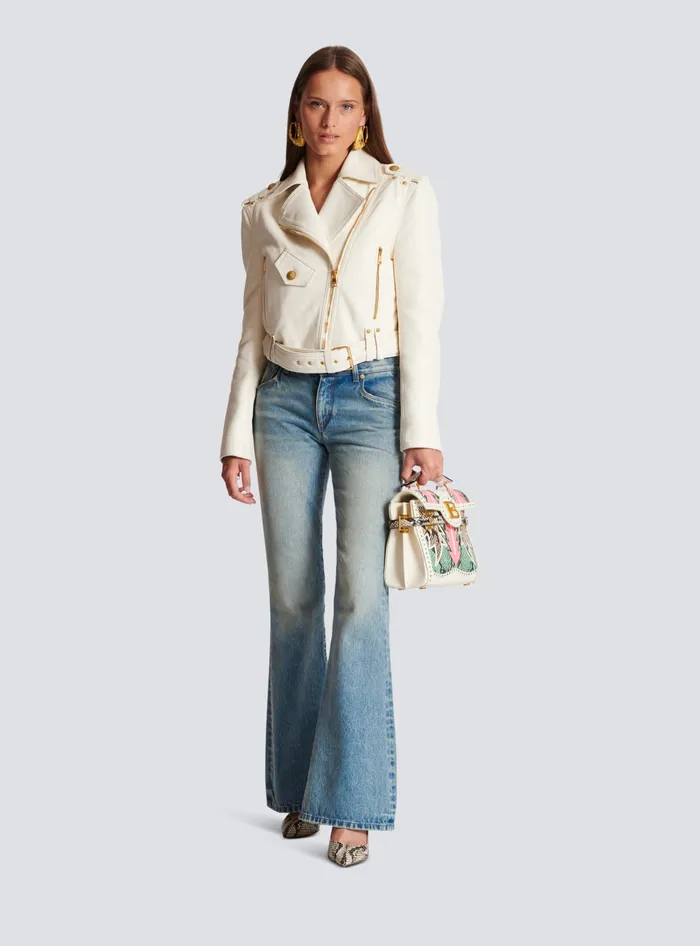 Balmain Zipped Leather Biker Jacket Beige Women Outerwear