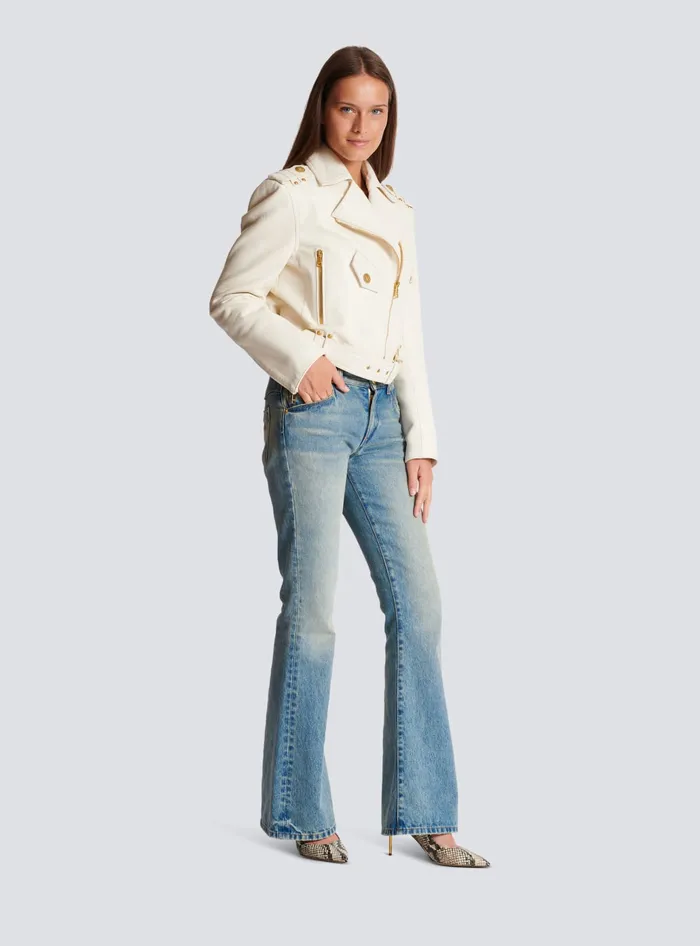 Balmain Zipped Leather Biker Jacket Beige Women Outerwear