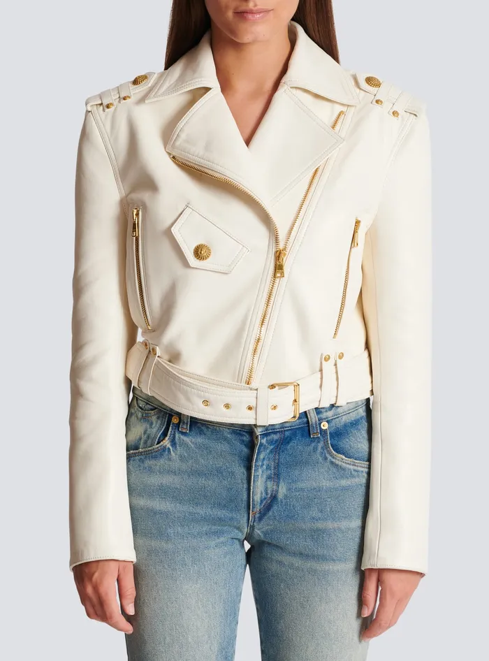 Balmain Zipped Leather Biker Jacket Beige Women Outerwear