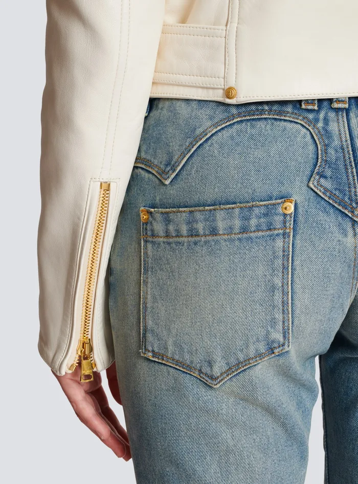 Balmain Zipped Leather Biker Jacket Beige Women Outerwear