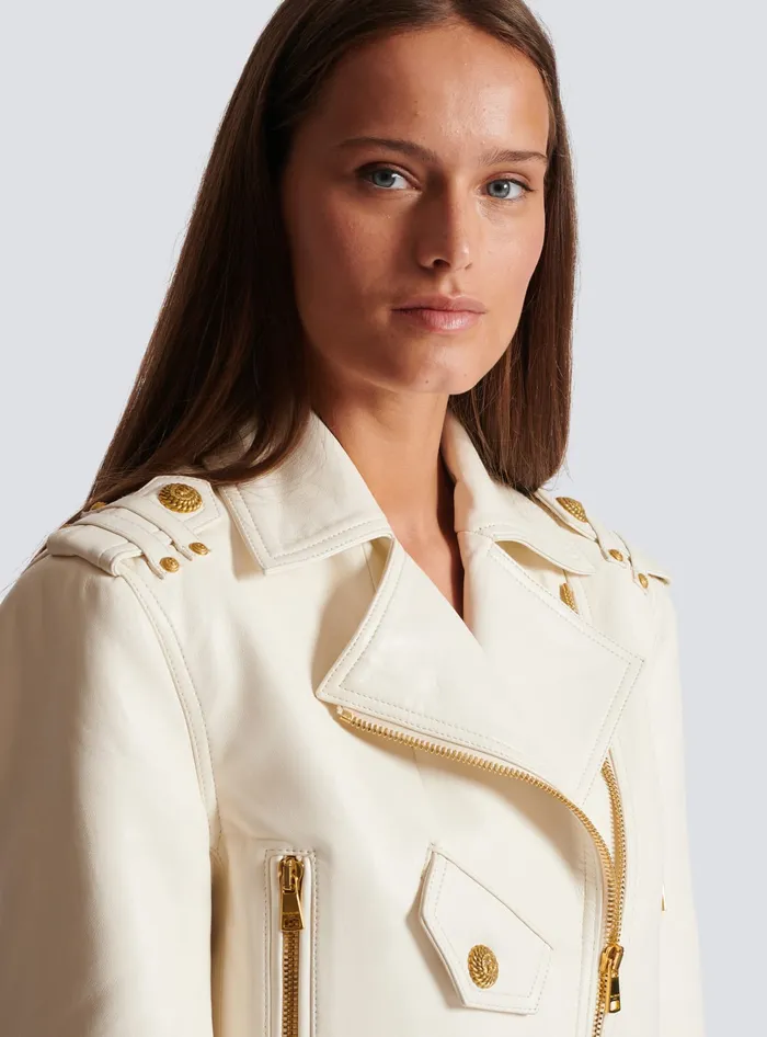 Balmain Zipped Leather Biker Jacket Beige Women Outerwear