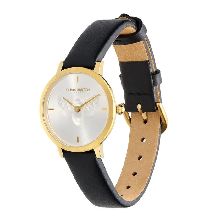 Bee Watches Women Olivia Burton 28mm Bee Ultra Slim Gold and Black Leather Strap Watch