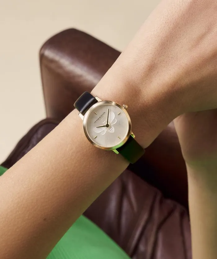 Bee Watches Women Olivia Burton 28mm Bee Ultra Slim Gold and Black Leather Strap Watch