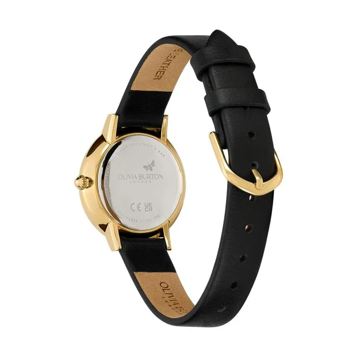 Bee Watches Women Olivia Burton 28mm Bee Ultra Slim Gold and Black Leather Strap Watch
