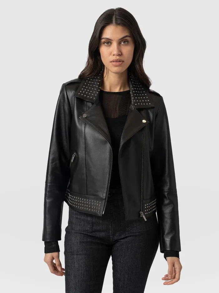 Bonham Studded Biker Jacket 8211 Black Black Women Saint And Sofia Coats and Jackets Bonham Studded Biker Jacket 8211 Black Black Women Saint And Sofia Coats and Jackets