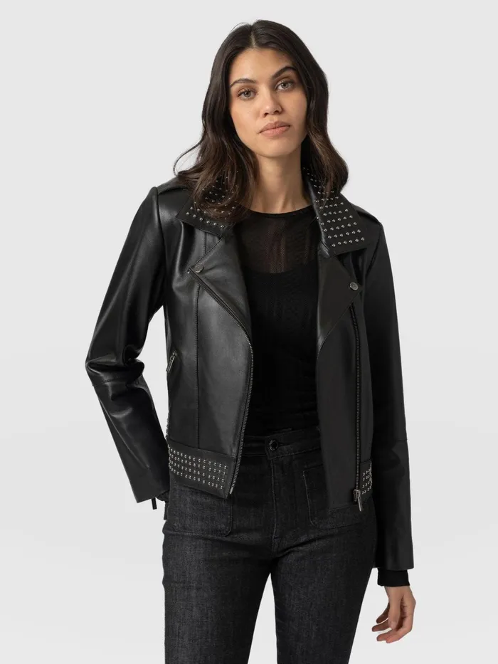 Bonham Studded Biker Jacket 8211 Black Black Women Saint And Sofia Coats and Jackets