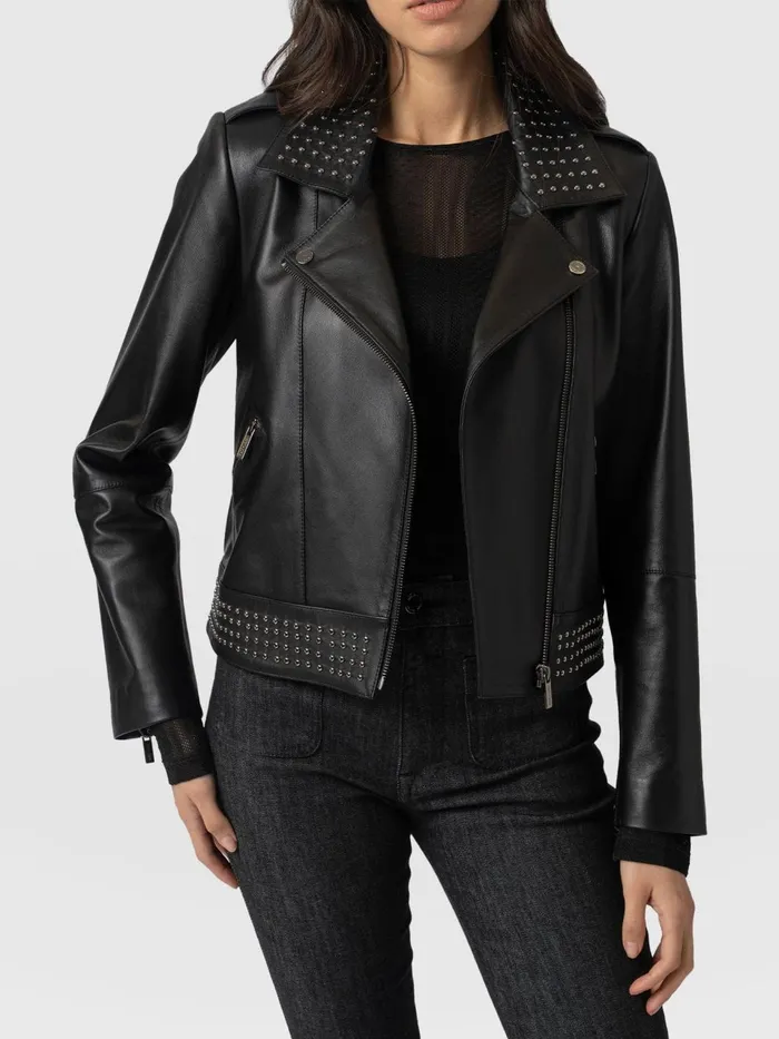 Bonham Studded Biker Jacket 8211 Black Black Women Saint And Sofia Coats and Jackets