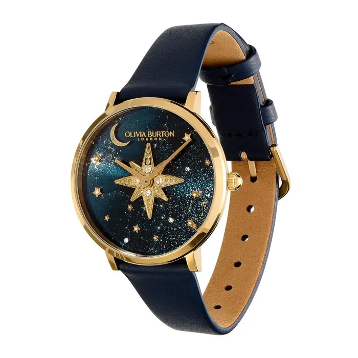 Celestial Watches Women Olivia Burton 35mm Nova Slim Gold and Sapphire Blue Leather Strap Watch