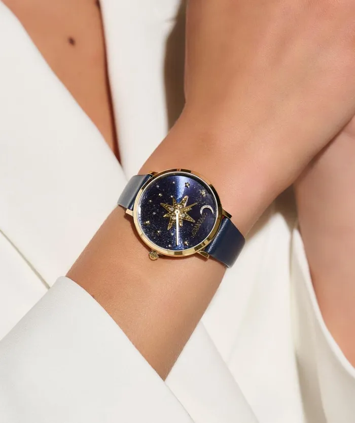 Celestial Watches Women Olivia Burton 35mm Nova Slim Gold and Sapphire Blue Leather Strap Watch